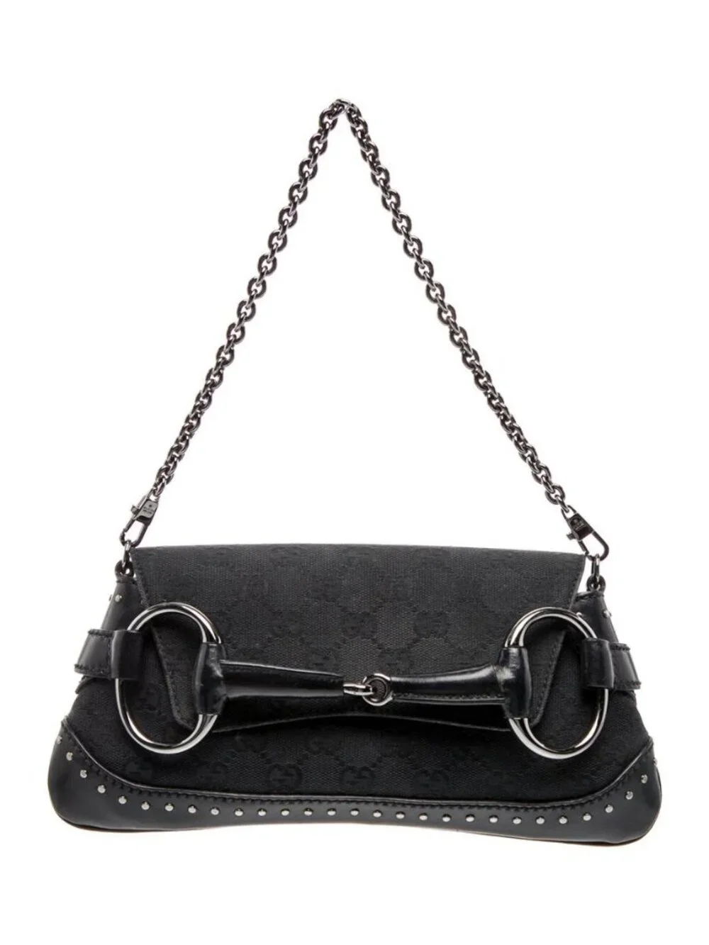 Gucci GG Canvas Horsebit Chain Small Black Shoulder Bag Silver Studded, LUX